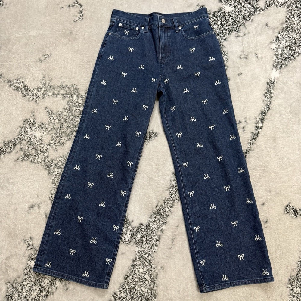 J Crew Womens 27P Full Length Slim Wide Leg Jeans Bow Embroidered Denim Petite